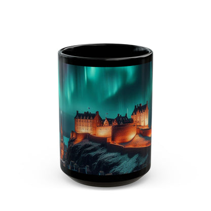 Edinburgh Castle Northern Lights Mug, Coffee Cup, Tea Cup, Scottish Art, Scottish Landmarks, Scottish Nature, Black