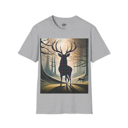 Stag Tartan Silhouette Softstyle T-Shirt - Rankin Tartan, Unisex Tee, Scottish Scenery, Various Colours