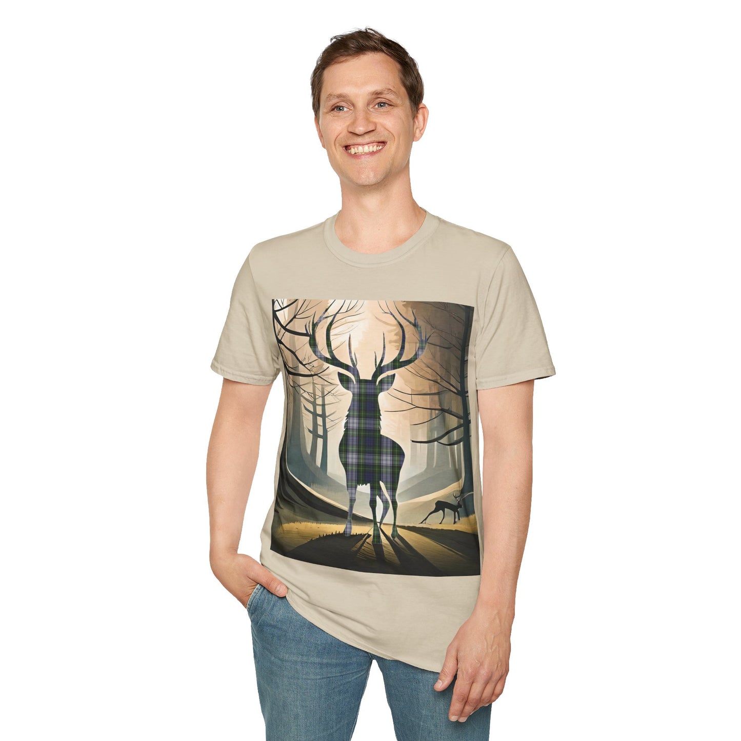 Stag Tartan Silhouette Softstyle T-Shirt - Gordon Dress Tartan, Unisex Tee, Scottish Scenery, Various Colours