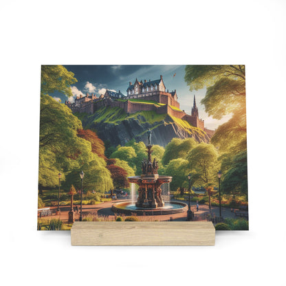 Summer Collection Gallery Stand Edinburgh Castle with Ross Fountain, Oak Picture Stand, Scotland Art, Scenery, Landmarks, Various Sizes