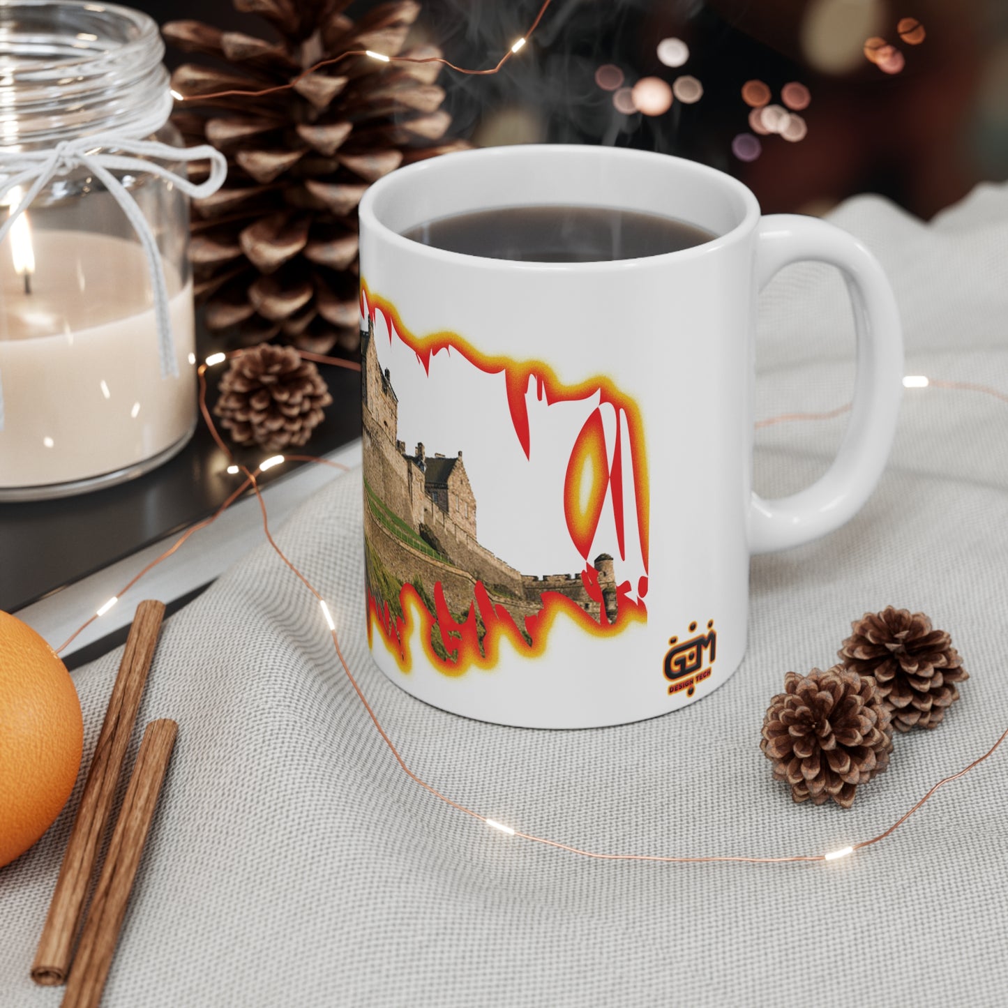 Edinburgh Castle Fire Effect Photo Mug, White