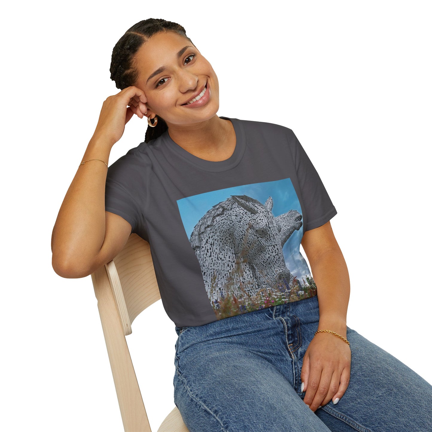 Kelpies with Meadow Photo Softstyle Unisex T-Shirt, Scottish Tee