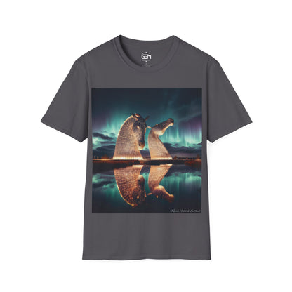 Kelpies with Northern Lights Softstyle T-Shirt, Unisex Tee, Scotland Shirt, Scottish Landmark, Nature, Scenery, Various Colours