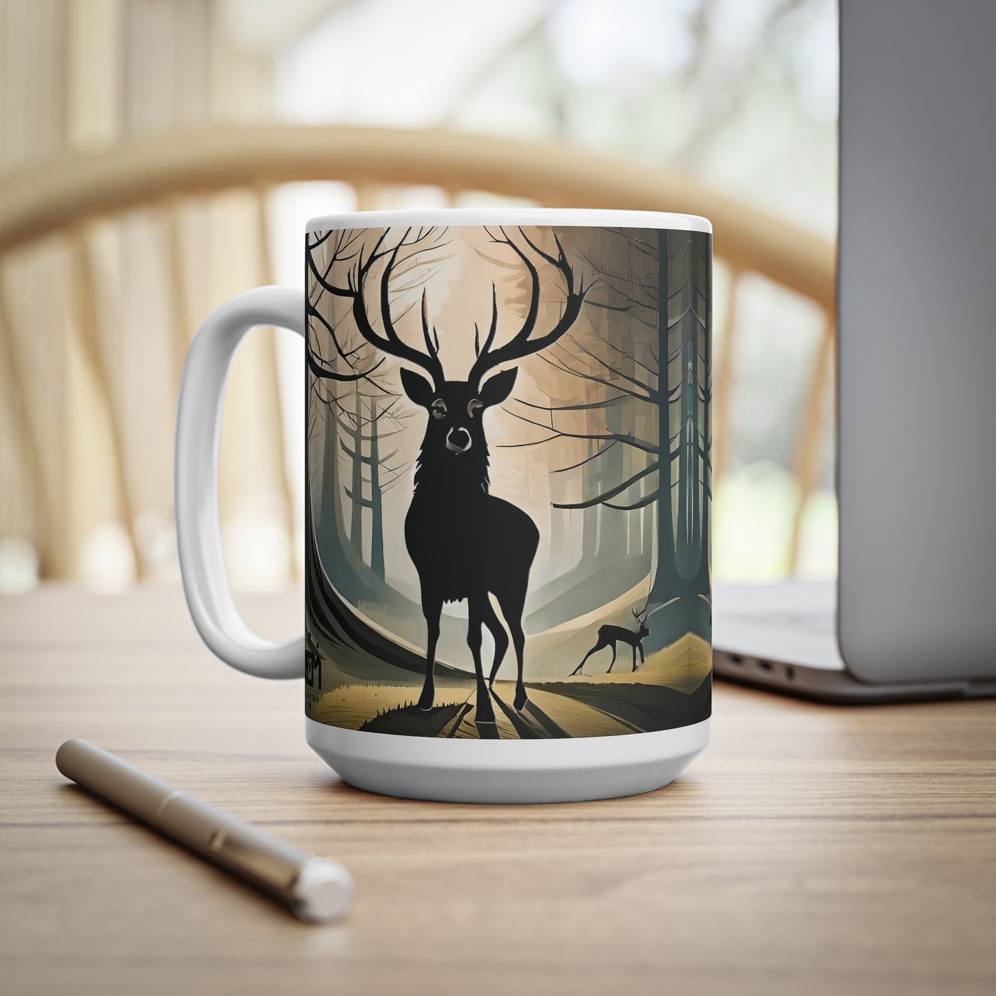 Stag Silhouette Woodland Scene Mug, Coffee Cup, Tea Cup, Scotland, White