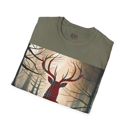 Stag Tartan Silhouette Softstyle T-Shirt - MacFarlane Tartan, Unisex Tee, Scottish Scenery, Various Colours