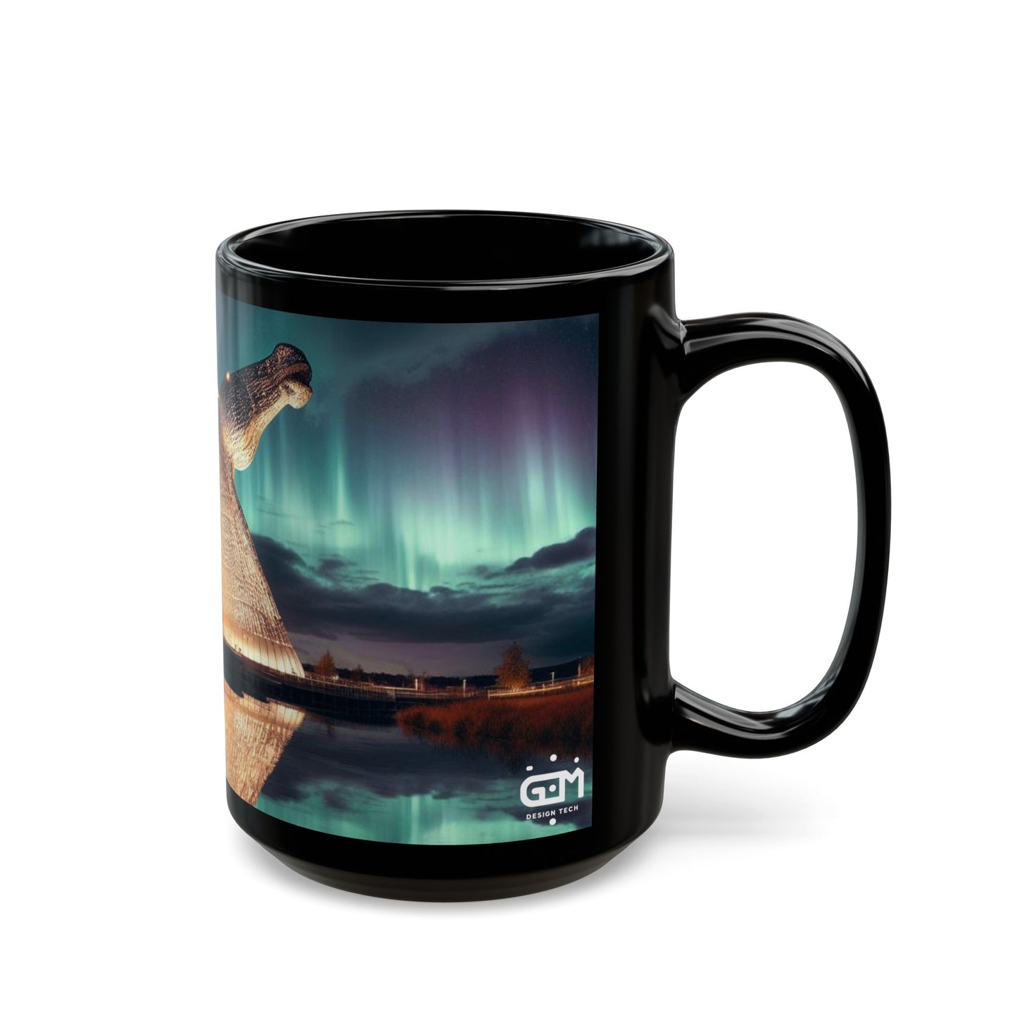 Kelpies Northern Lights Mug, Coffee Cup, Tea Cup, Scottish Art, Scottish Landmarks, Scottish Nature, Black