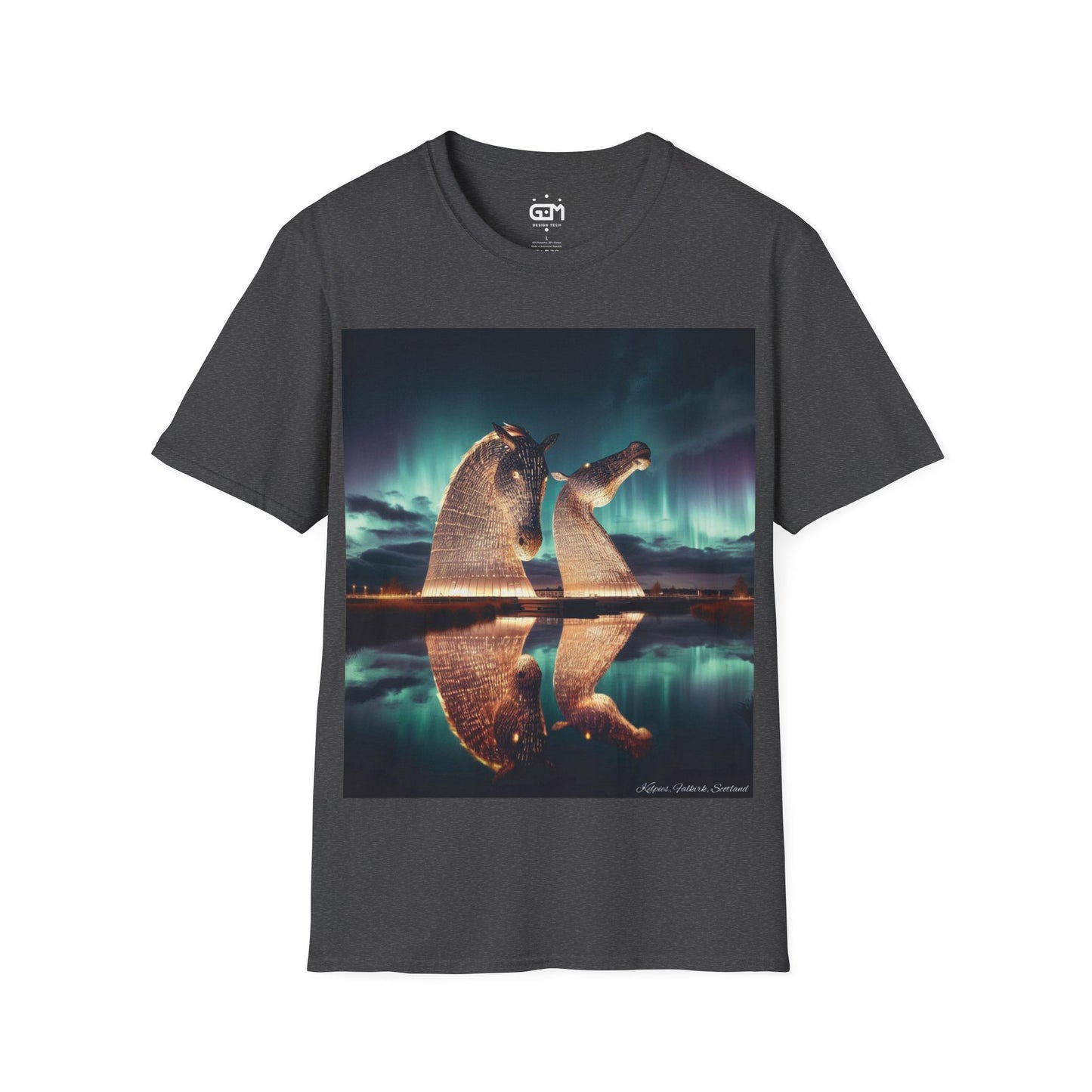 Kelpies with Northern Lights Softstyle T-Shirt, Unisex Tee, Scotland Shirt, Scottish Landmark, Nature, Scenery, Various Colours