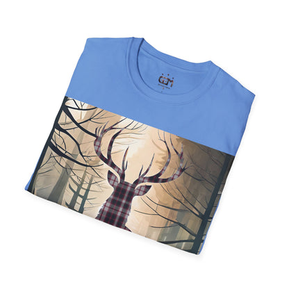 Stag Tartan Silhouette Softstyle T-Shirt - MacPherson Tartan, Unisex Tee, Scottish Scenery, Various Colours