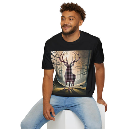 Stag Tartan Silhouette Softstyle T-Shirt - MacPherson Tartan, Unisex Tee, Scottish Scenery, Various Colours