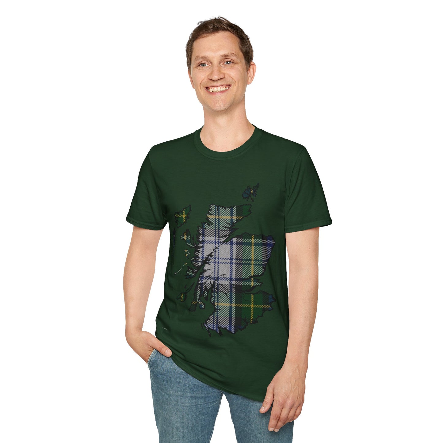 Scotland Tartan Map Softstyle Unisex T-Shirt, Gordon Dress Tartan, Various Colours