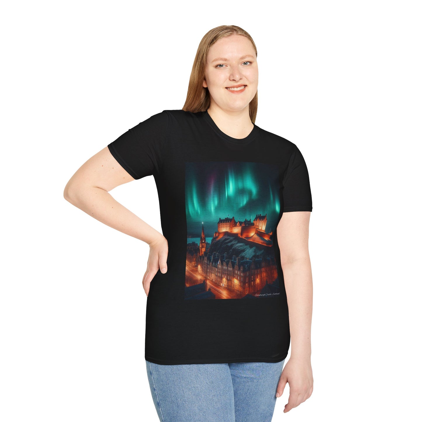 Edinburgh Castle with Northern Lights Softstyle Unisex T-Shirt, Scotland Tee