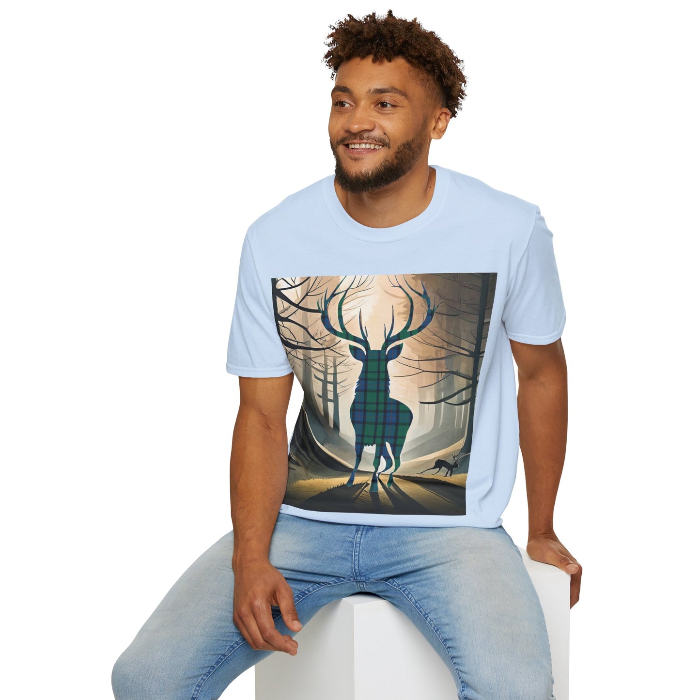 Stag Tartan Silhouette Softstyle T-Shirt - Flower of Scotland Tartan, Unisex Tee, Scottish Scenery, Various Colours