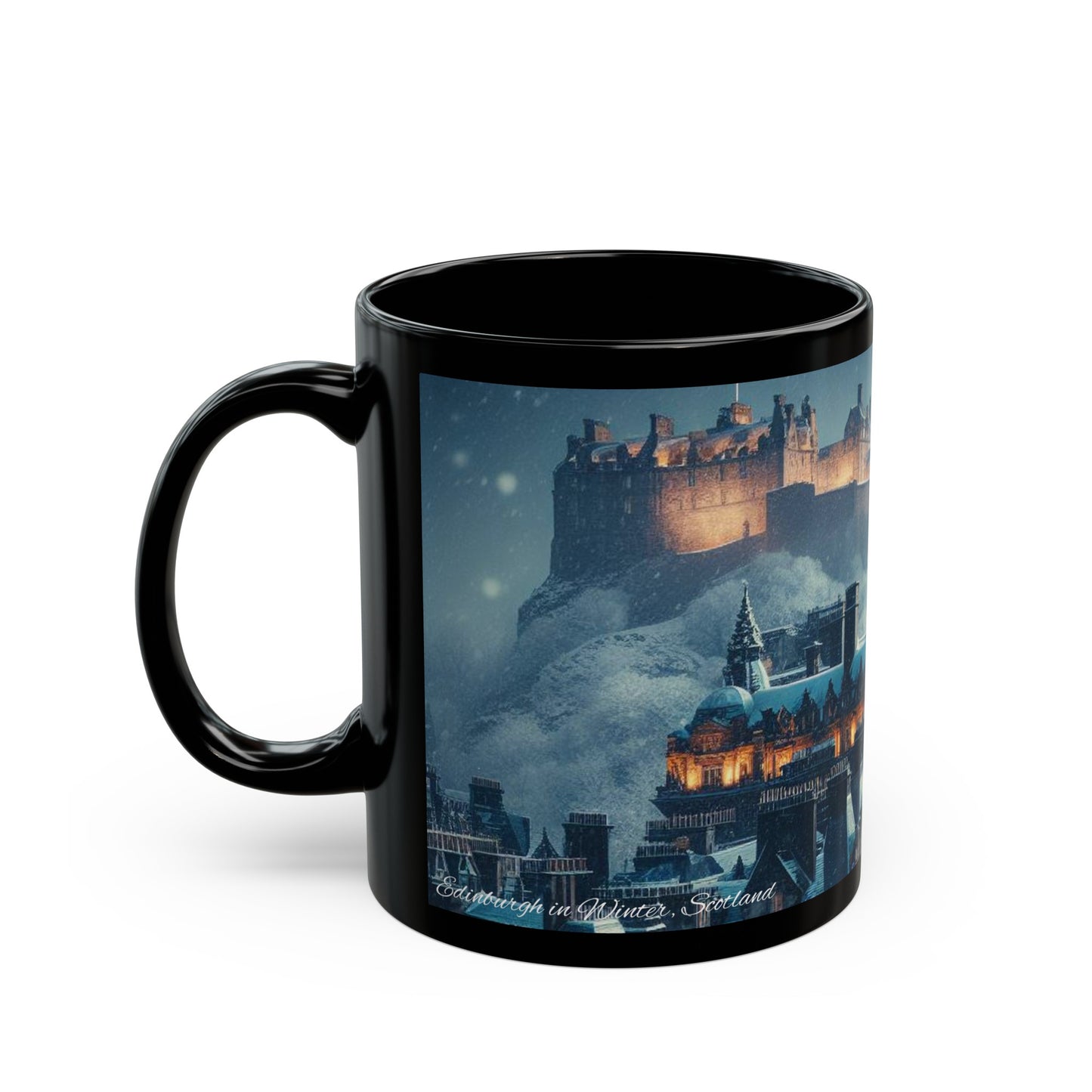 Edinburgh in Winter Mug, Coffee Cup, Tea Cup, Scottish Art, Scottish Landmarks, Scottish Nature, Black