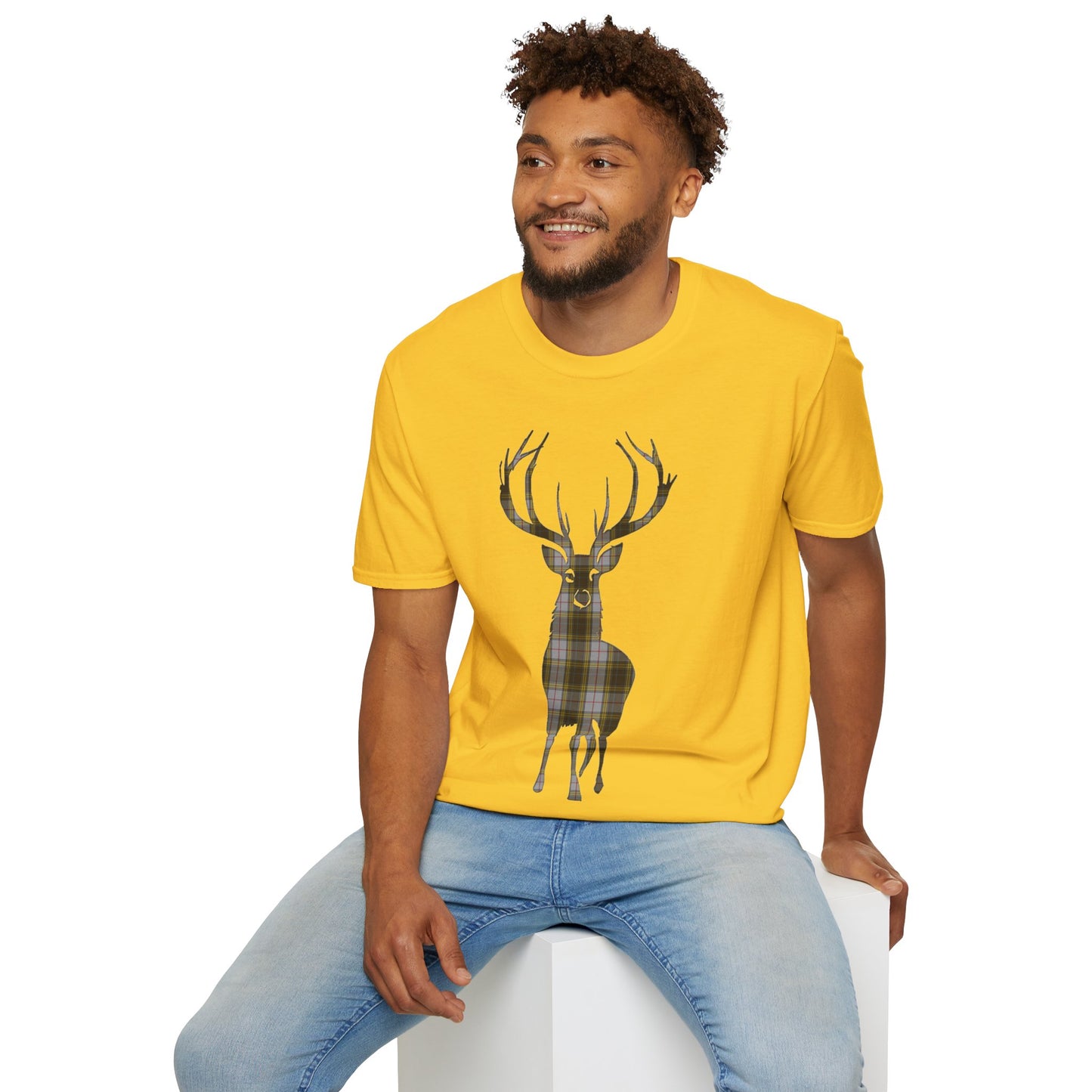 Tartan Stag Softstyle T-Shirt - Buchanan Tartan, Unisex Tee, Scottish Scenery, Various Colours