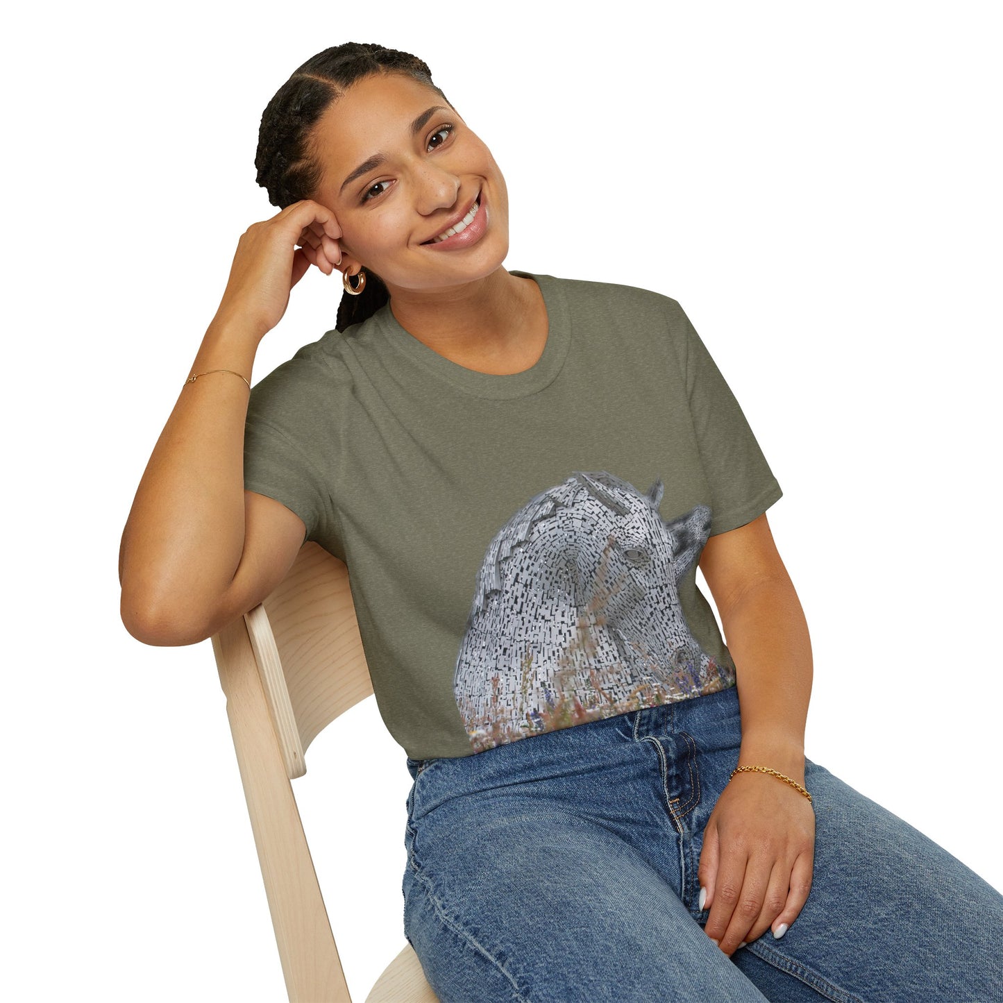 Kelpies with Meadow No Sky Photo Softstyle T-Shirt, Unisex Tee, Scottish Landmarks, Various Colours