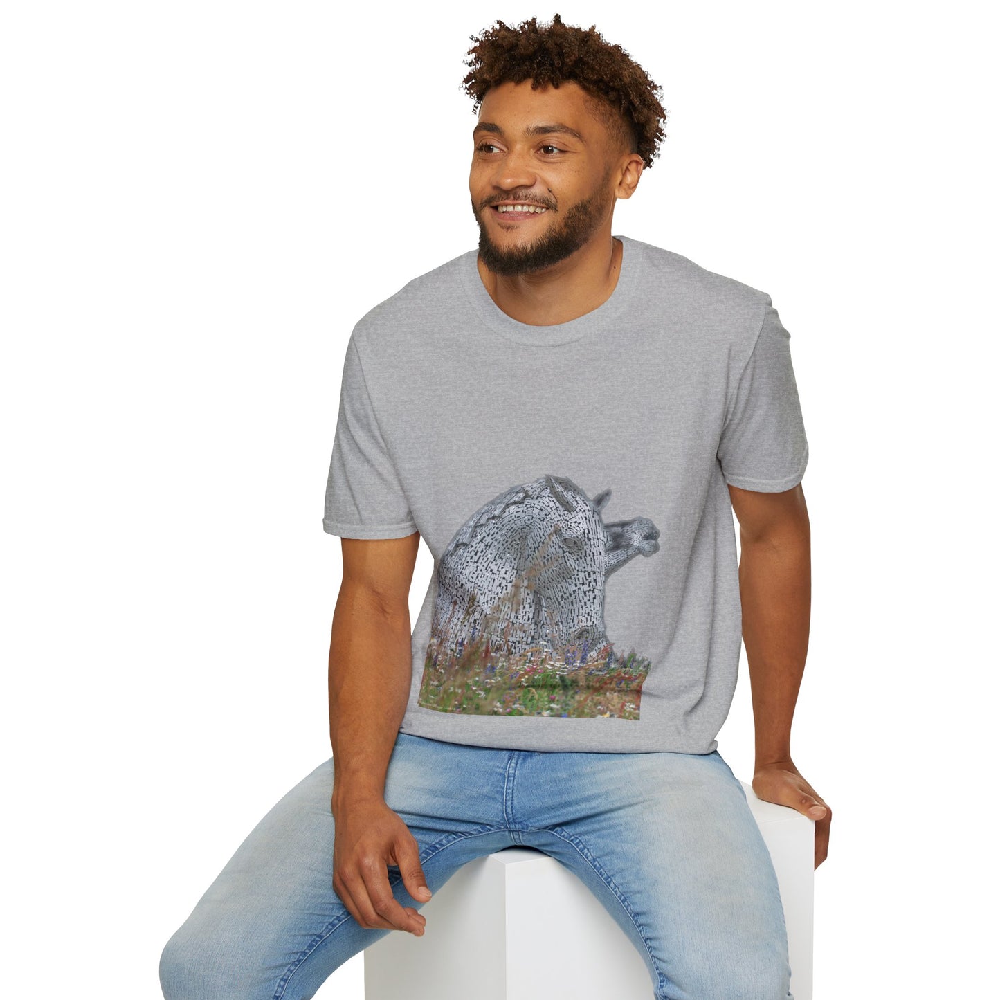 Kelpies with Meadow No Sky Photo Softstyle Unisex T-Shirt, Scottish Tee