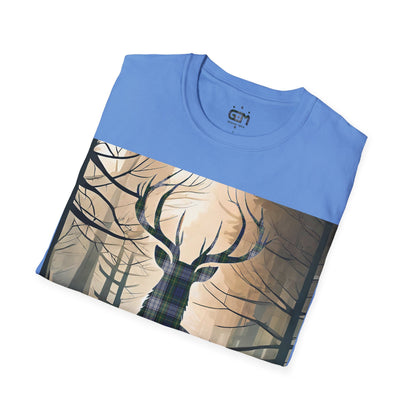 Stag Tartan Silhouette Softstyle T-Shirt - Gordon Dress Tartan, Unisex Tee, Scottish Scenery, Various Colours