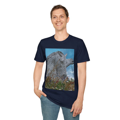 Kelpies with Meadow Photo Softstyle Unisex T-Shirt, Scottish Tee