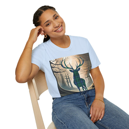 Stag Tartan Silhouette Softstyle T-Shirt - Flower of Scotland Tartan, Unisex Tee, Scottish Scenery, Various Colours