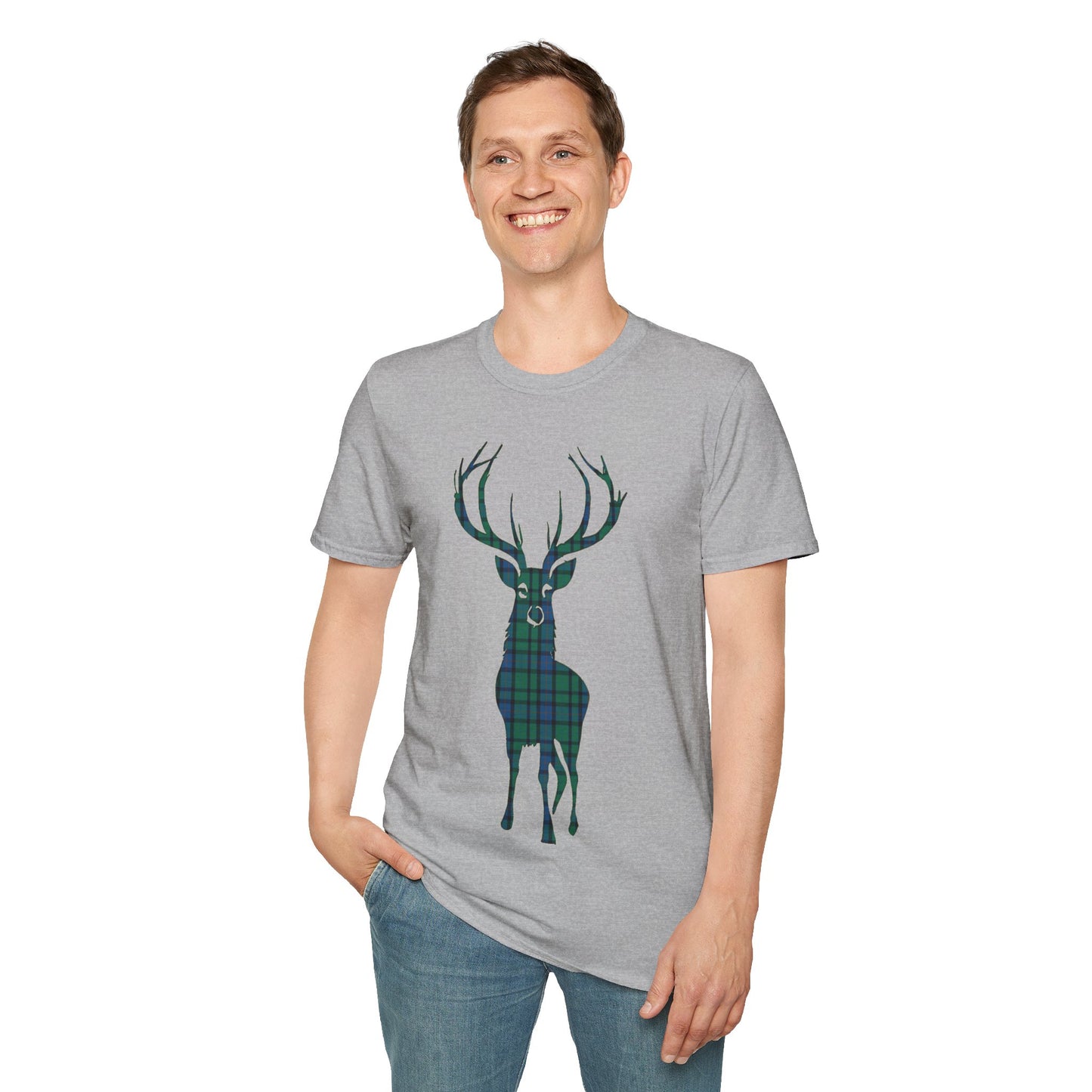 Tartan Stag Softstyle T-Shirt - Flower of Scotland Tartan, Unisex Tee, Scottish Scenery, Various Colours