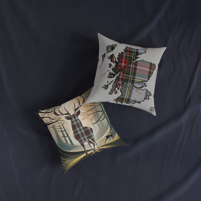 Reversible Square Cushion : Stag / Scotland Map - Stewart Dress Tartan, Various Sizes