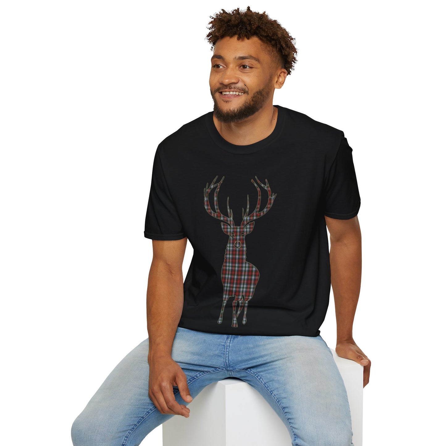 Tartan Stag Softstyle T-Shirt - Stewart Tartan, Unisex Tee, Scottish Scenery, Various Colours