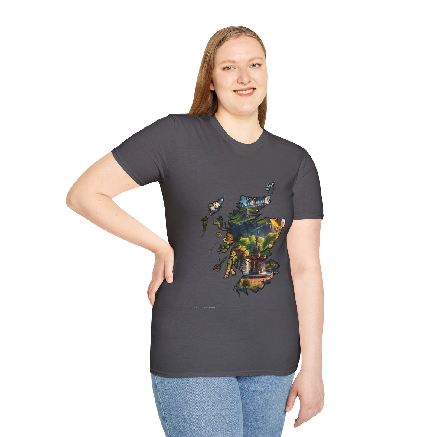 Edinburgh Castle with Fountain Scotland Map Softstyle Unisex T-Shirt, Scotland Shirt, Scottish Landmark Tee