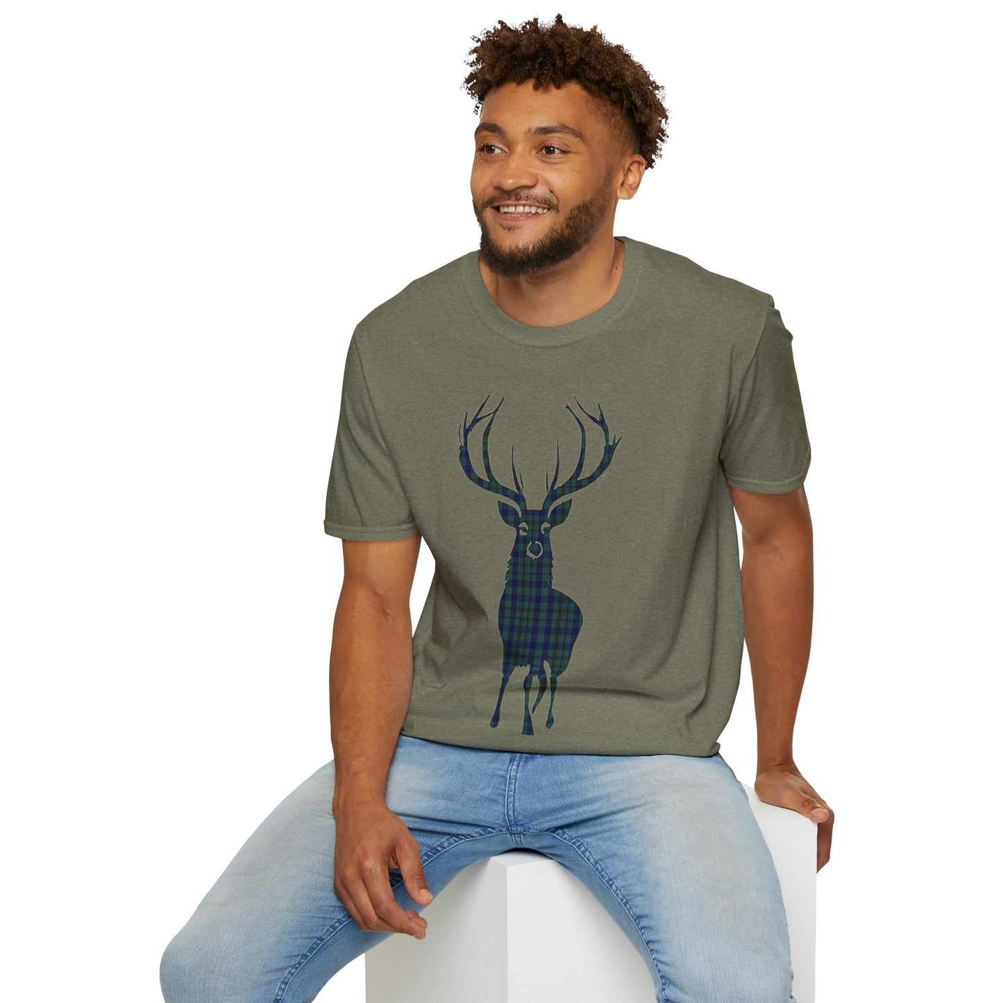 Tartan Stag Softstyle T-Shirt - Miller Tartan, Unisex Tee, Scottish Scenery, Various Colours