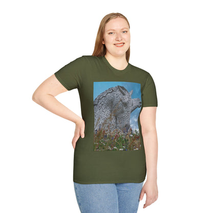 Kelpies with Meadow Photo Softstyle Unisex T-Shirt, Scottish Tee