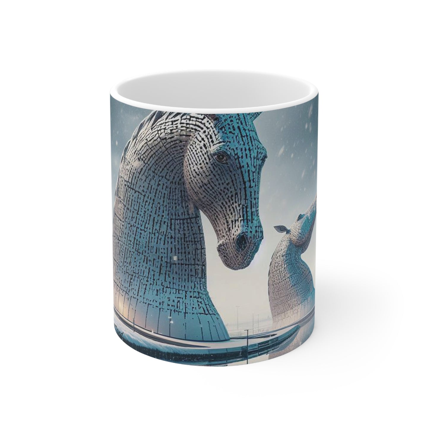 Kelpies in Winter Mug, Scottish Landmarks, Scottish Art, Coffee Cup, Tea Cup, White