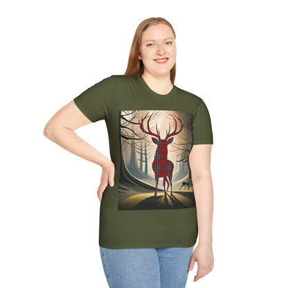 Stag Tartan Silhouette Softstyle T-Shirt - MacFarlane Tartan, Unisex Tee, Scottish Scenery, Various Colours