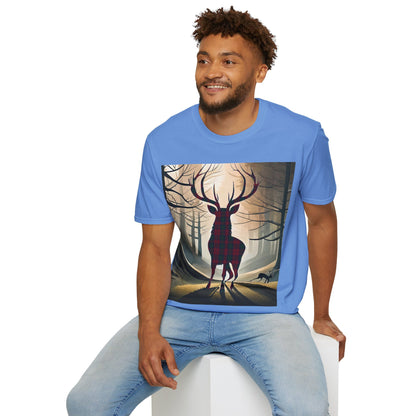 Stag Tartan Silhouette Softstyle T-Shirt - Lindsay Tartan, Unisex Tee, Scottish Scenery, Various Colours