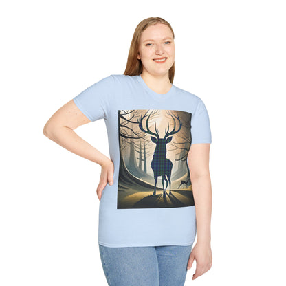 Stag Tartan Silhouette Softstyle T-Shirt - Miller Tartan, Unisex Tee, Scottish Scenery, Various Colours