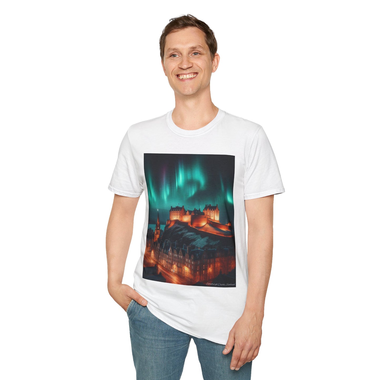 Edinburgh Castle with Northern Lights Softstyle Unisex T-Shirt, Scotland Tee