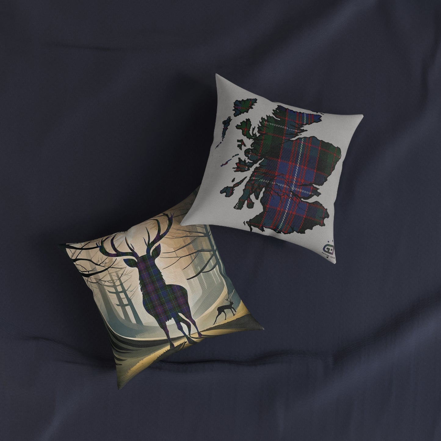 Reversible Square Cushion : Stag / Scotland Map - Rankin Tartan, Various Sizes