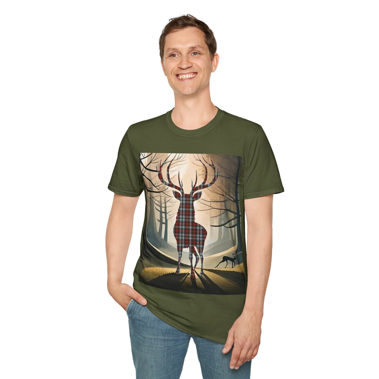 Stag Tartan Silhouette Softstyle T-Shirt - Stewart Tartan, Unisex Tee, Scottish Scenery, Various Colours