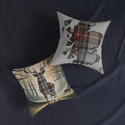 Reversible Square Cushion : Stag / Scotland Map - Stewart Dress Tartan, Various Sizes