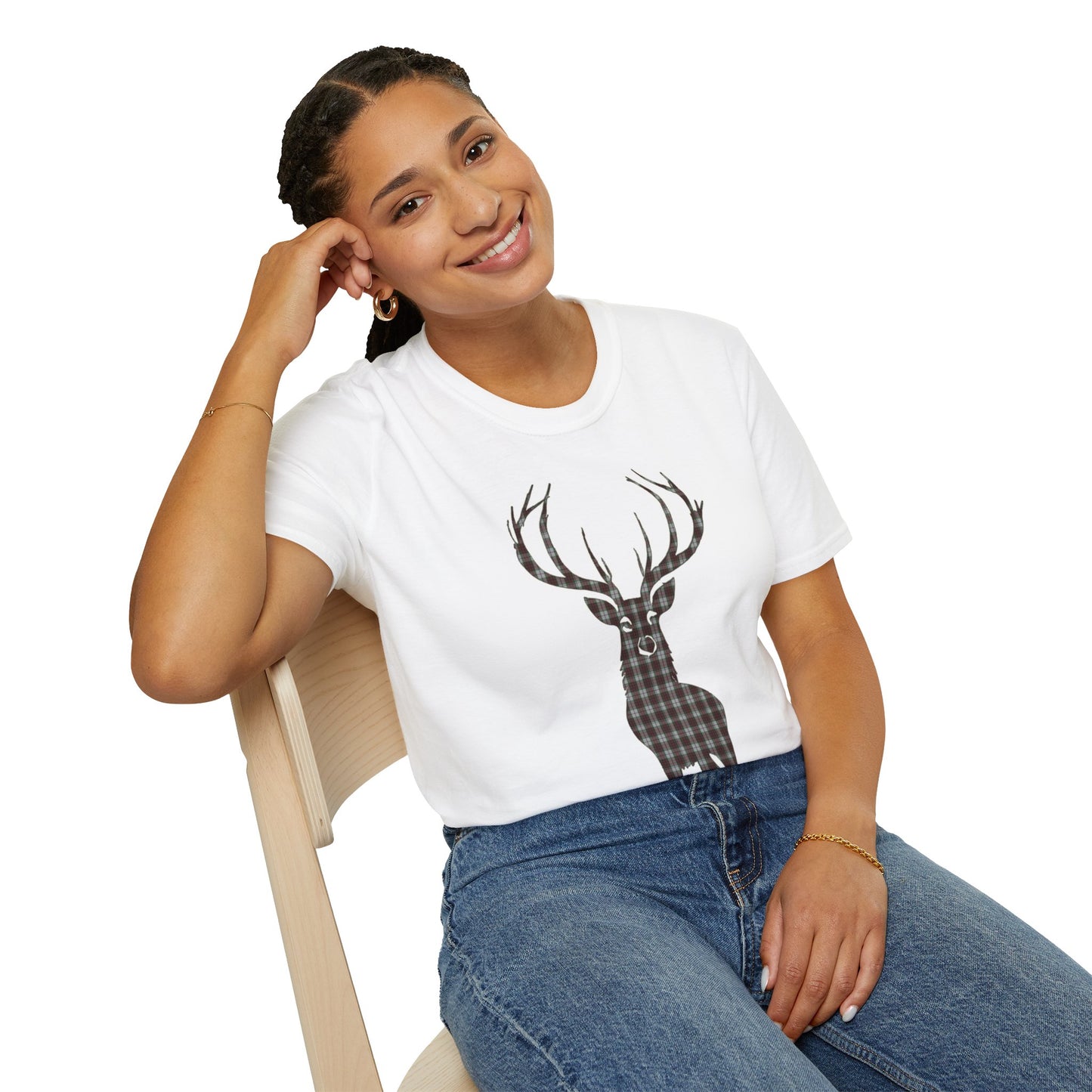 Tartan Stag Softstyle T-Shirt - Fraser Tartan, Unisex Tee, Scottish Scenery, Various Colours