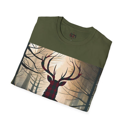 Stag Tartan Silhouette Softstyle T-Shirt - Lindsay Tartan, Unisex Tee, Scottish Scenery, Various Colours