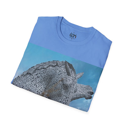 Kelpies with Meadow Photo Softstyle T-Shirt, Unisex Tee, Scottish Landmarks, Various Colours