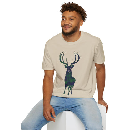 Tartan Stag Softstyle T-Shirt - Douglas Tartan, Unisex Tee, Scottish Scenery, Various Colours