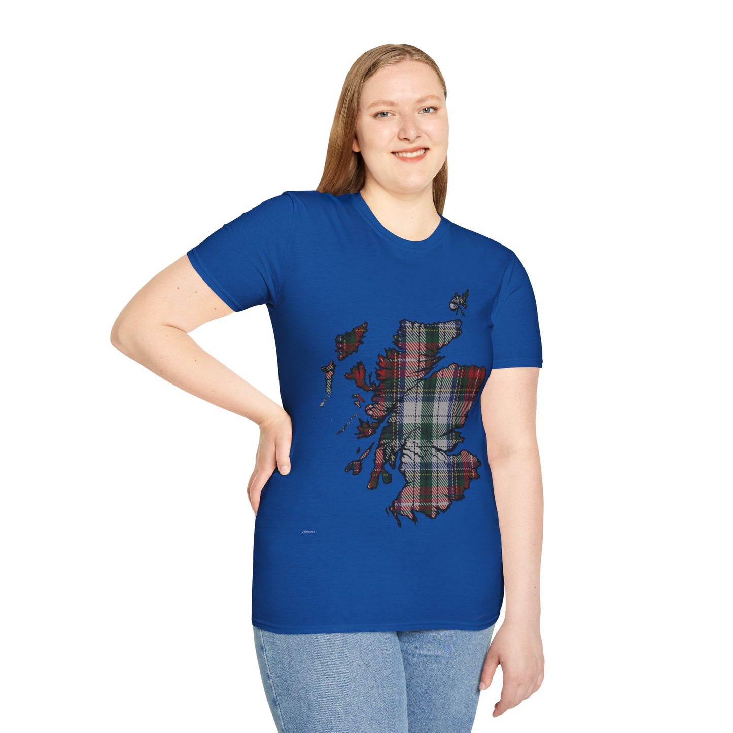 Scotland Tartan Map Softstyle Unisex T-Shirt, Stewart Tartan, Various Colours