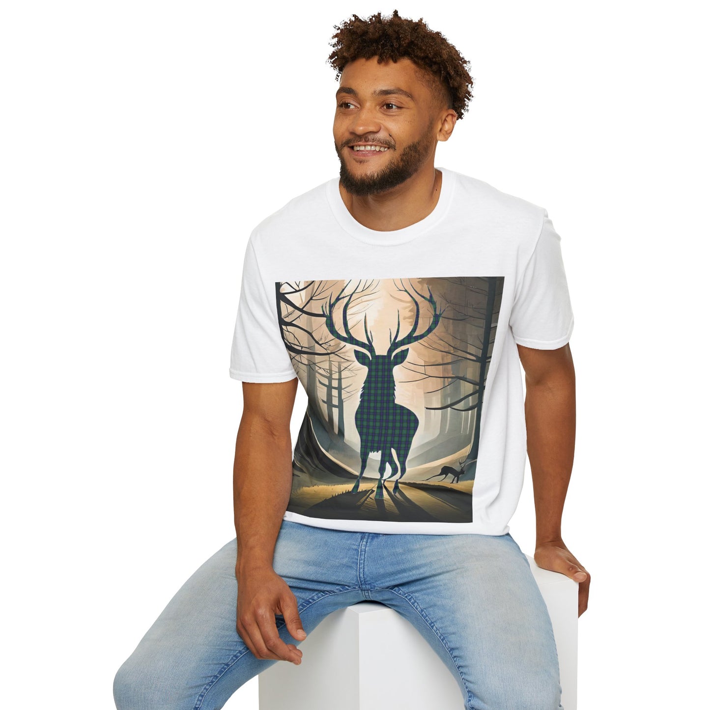 Stag Tartan Silhouette Softstyle T-Shirt - Douglas Tartan, Unisex Tee, Scottish Scenery, Various Colours