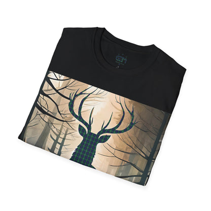 Stag Tartan Silhouette Softstyle T-Shirt - Douglas Tartan, Unisex Tee, Scottish Scenery, Various Colours