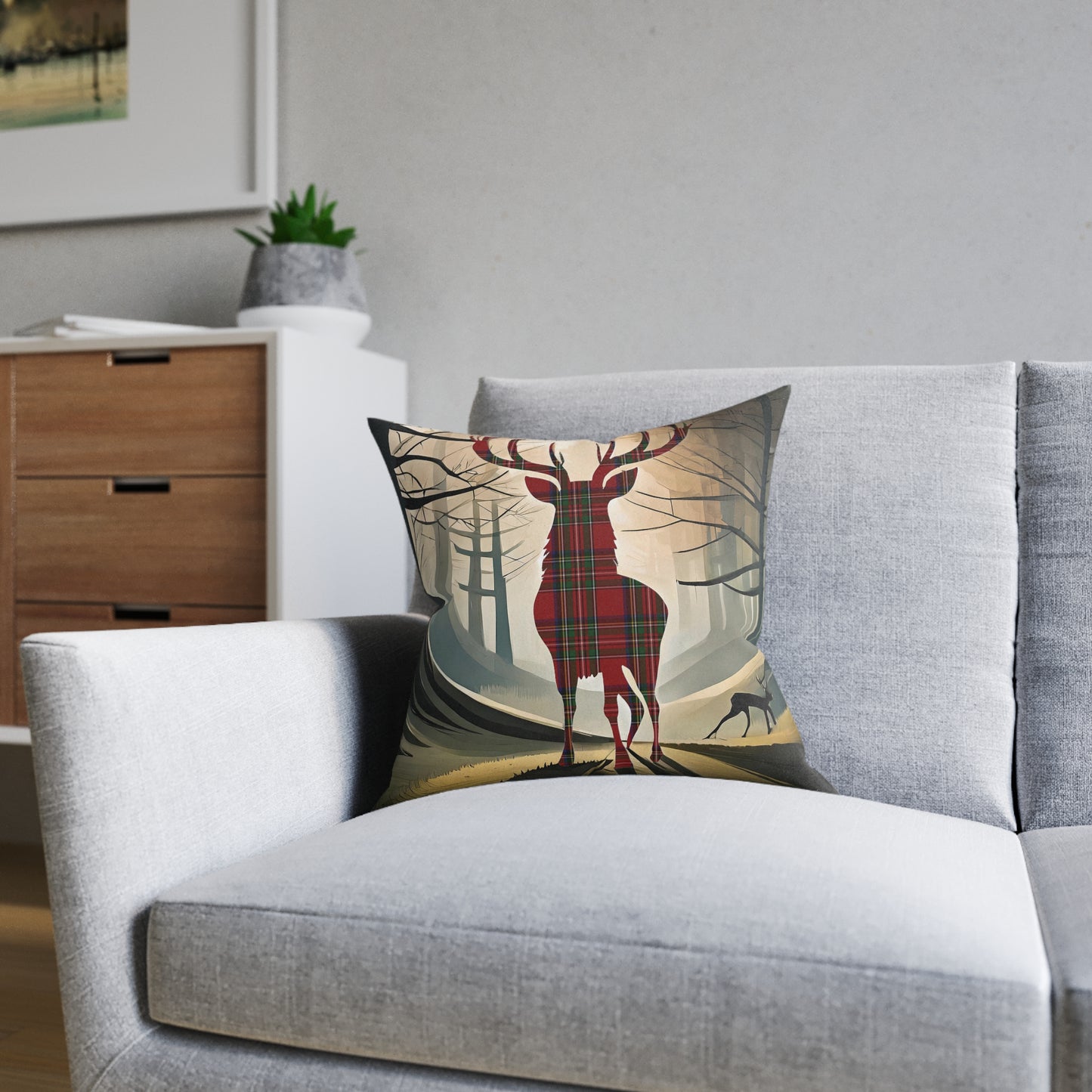 Reversible Square Cushion : Stag / Scotland Map - Stewart Royal Tartan, Various Sizes