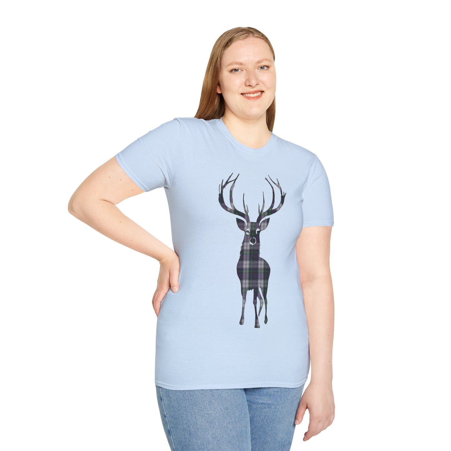 Tartan Stag Softstyle T-Shirt - Argyle Dress Tartan, Unisex Tee, Scottish Scenery, Various Colours