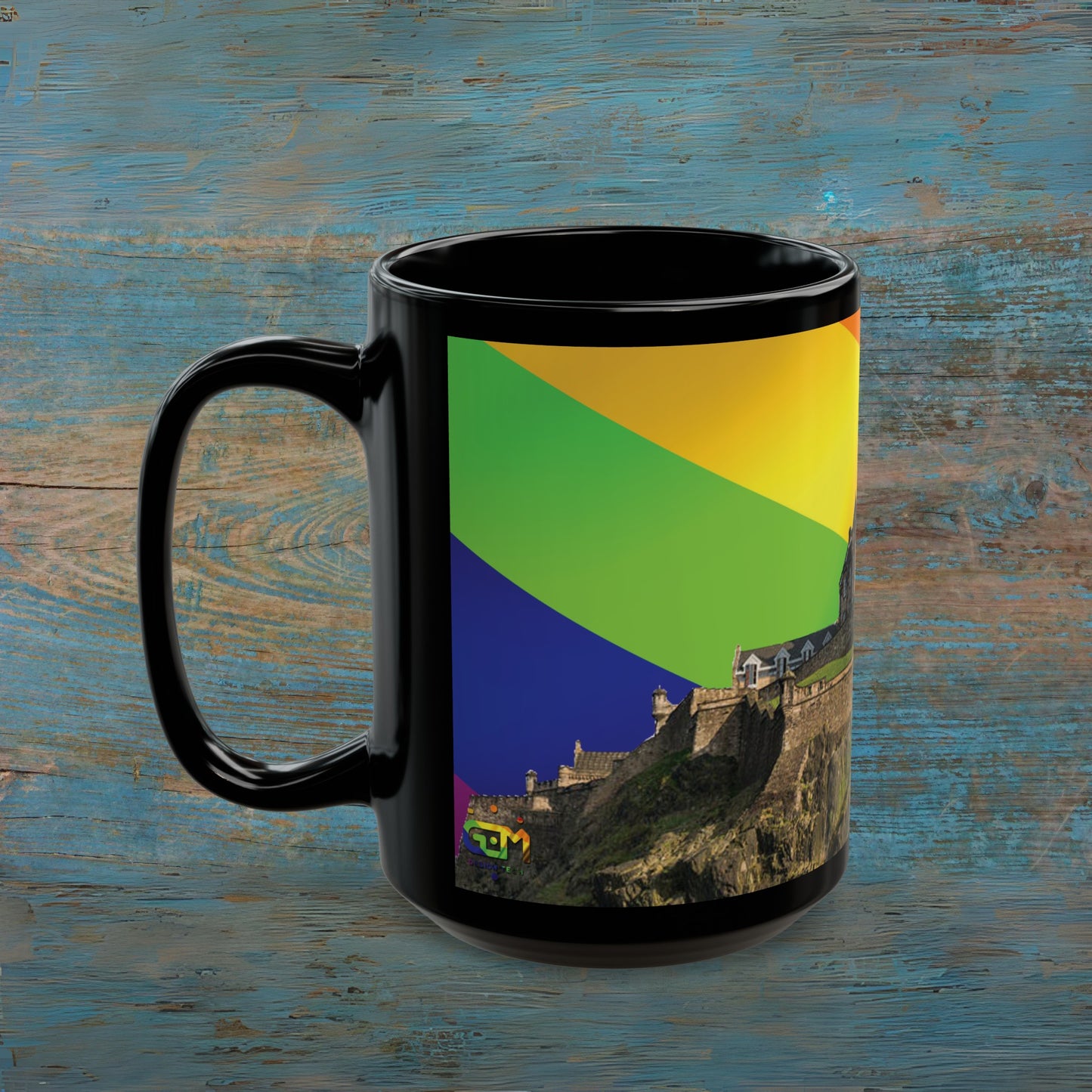 Edinburgh Castle Pride Flag Sky Photo Mug, Black