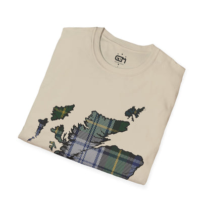 Scotland Tartan Map Softstyle Unisex T-Shirt, Gordon Dress Tartan, Various Colours