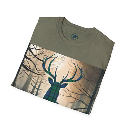 Stag Tartan Silhouette Softstyle T-Shirt - Flower of Scotland Tartan, Unisex Tee, Scottish Scenery, Various Colours