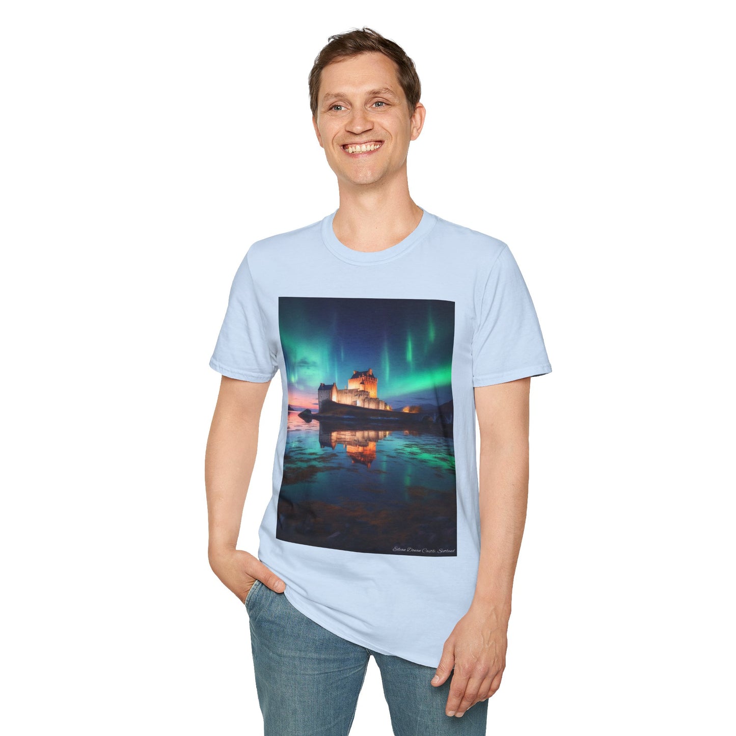 Eilean Donan Castle with Northern Lights Softstyle Unisex T-Shirt, Scotland Tee